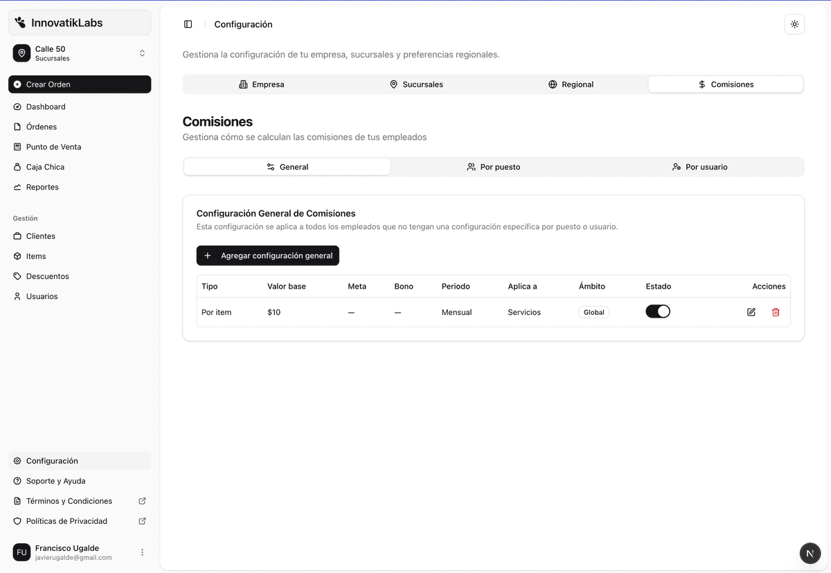 Configuración de comisiones