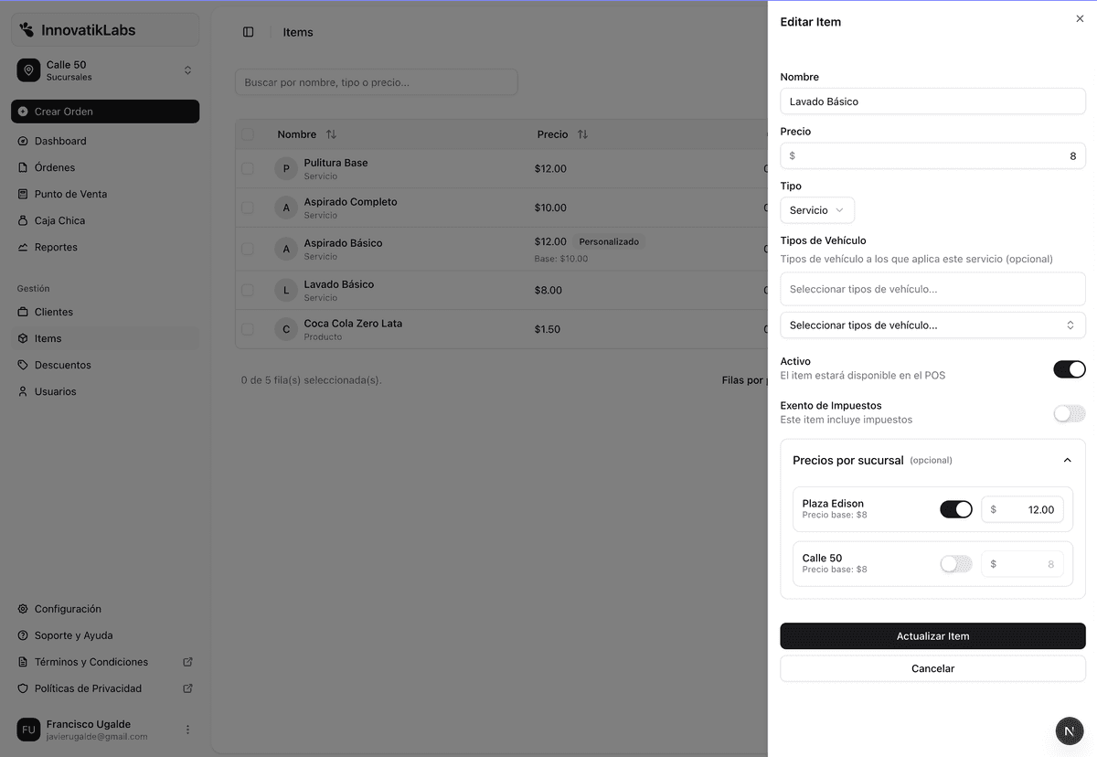 Configuración de precios globales y por sucursal