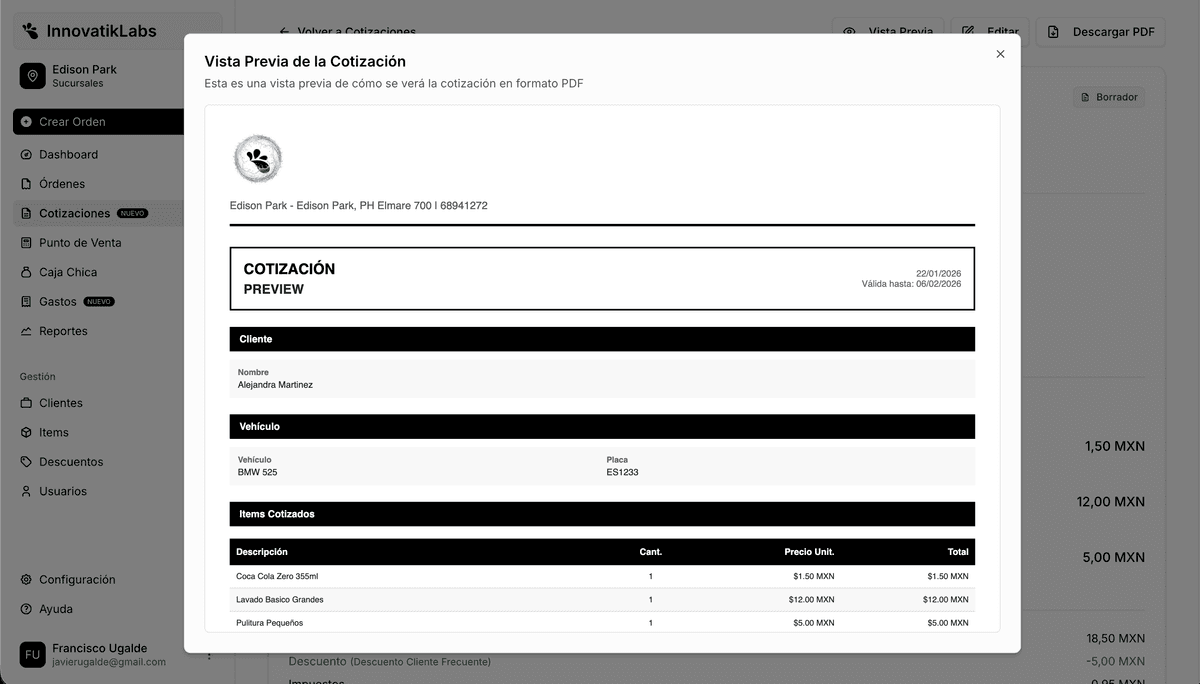 Módulo de cotizaciones profesionales