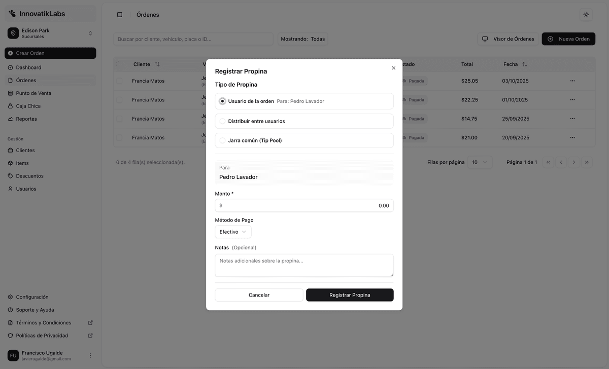 Gestión de propinas para empleados